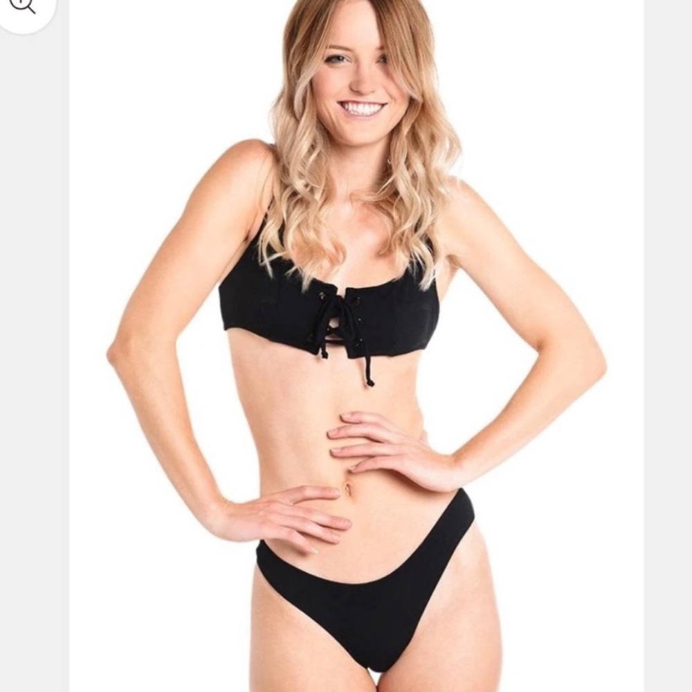 STAUD Black Lace-Up Bikini Top (Small) with High-Cut Black Bottoms (medium)